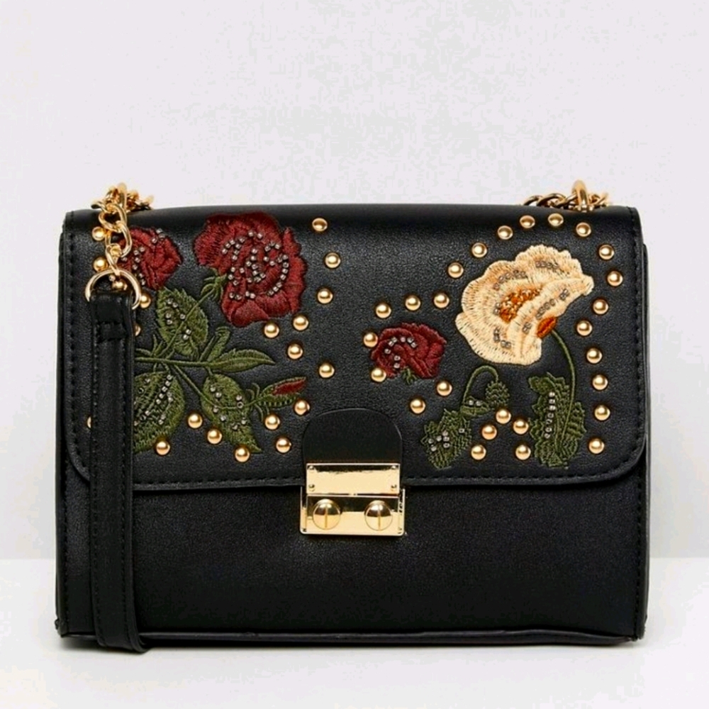 Stradivarius embroidered crossbody black bag